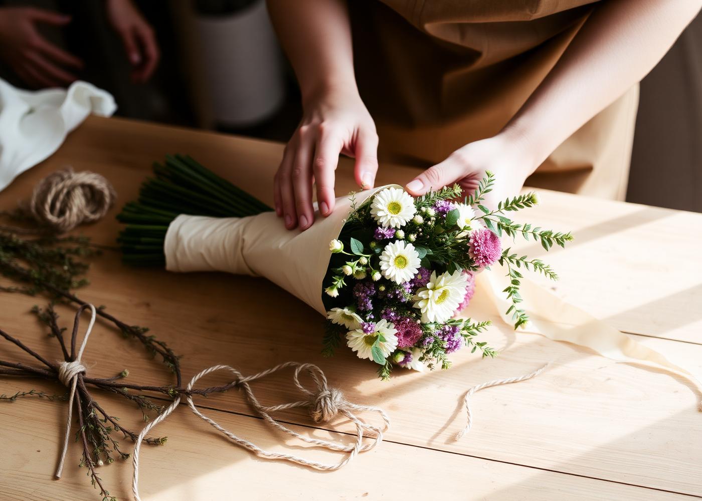 A florist wrapping a bouquet on a wooden workshop table