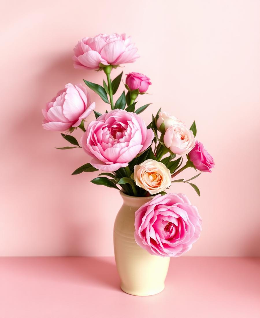 Blush garden roses in a cream vase