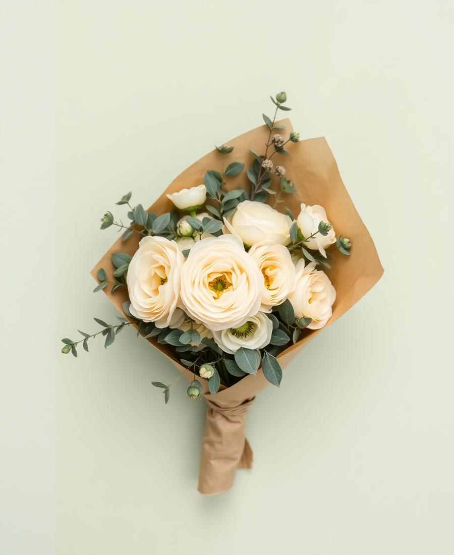 Cream ranunculus bouquet wrapped in kraft paper