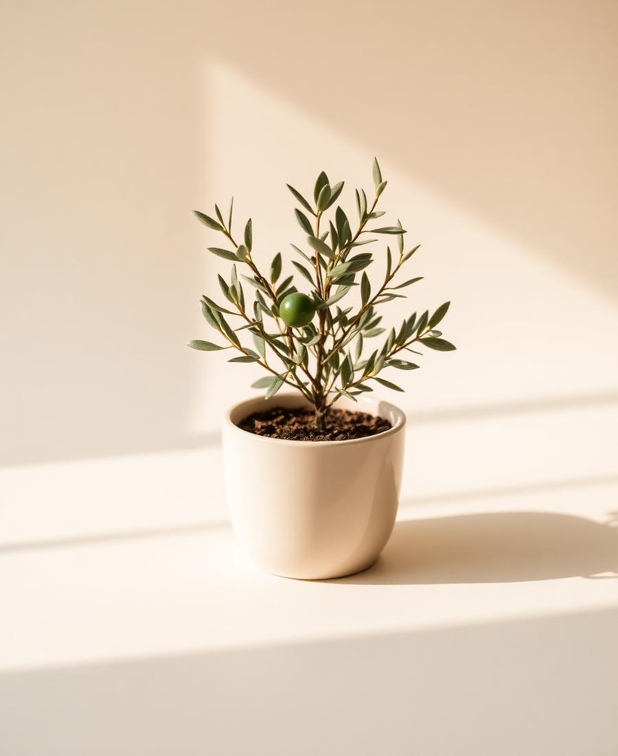 Small potted olive plant in a cream ceramic pot