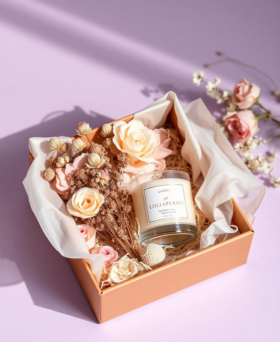 A gift box with dried florals and a candle on a lilac background