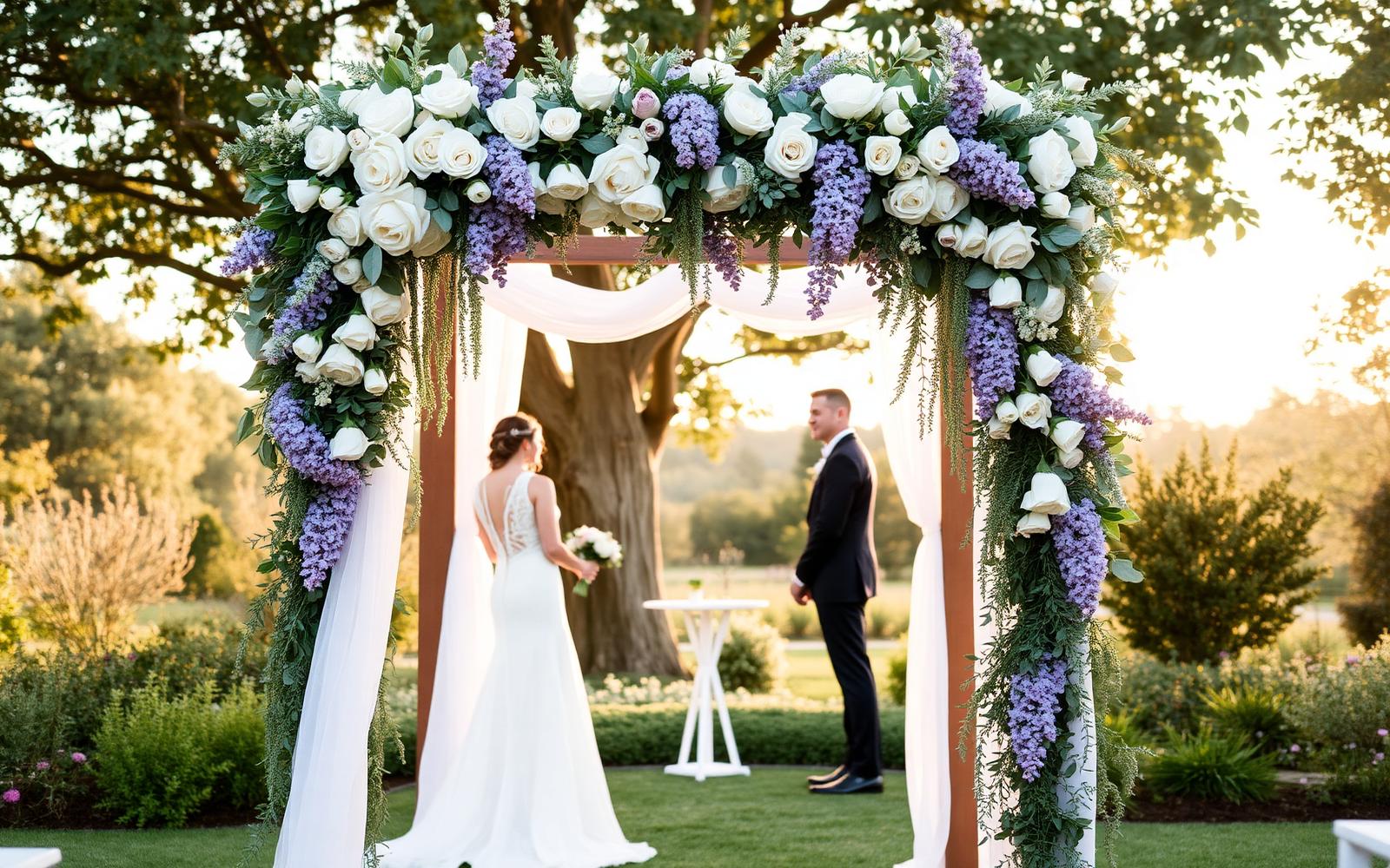 A wedding ceremony arch full of white roses and lilac